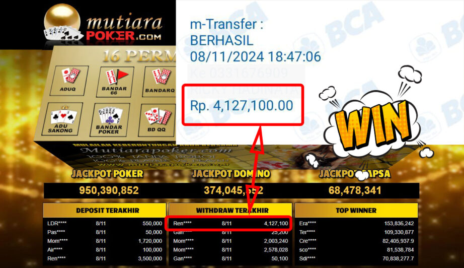 Bukti Withdraw ( 4,127,100,-) Member Setia Mutiarapoker