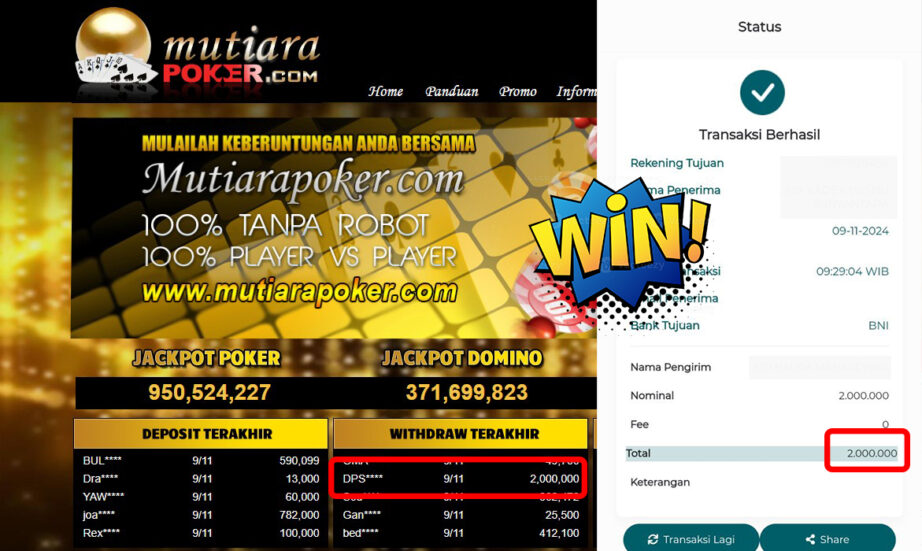 Bukti Withdraw ( 2,000,000,-) Member Setia Mutiarapoker