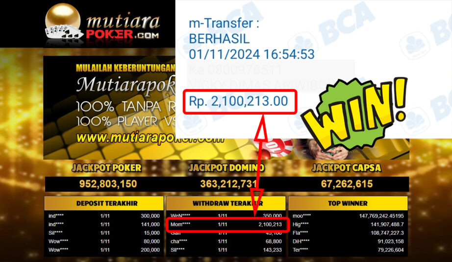 Bukti Withdraw ( 2,100,213,-) Member Setia Mutiarapoker