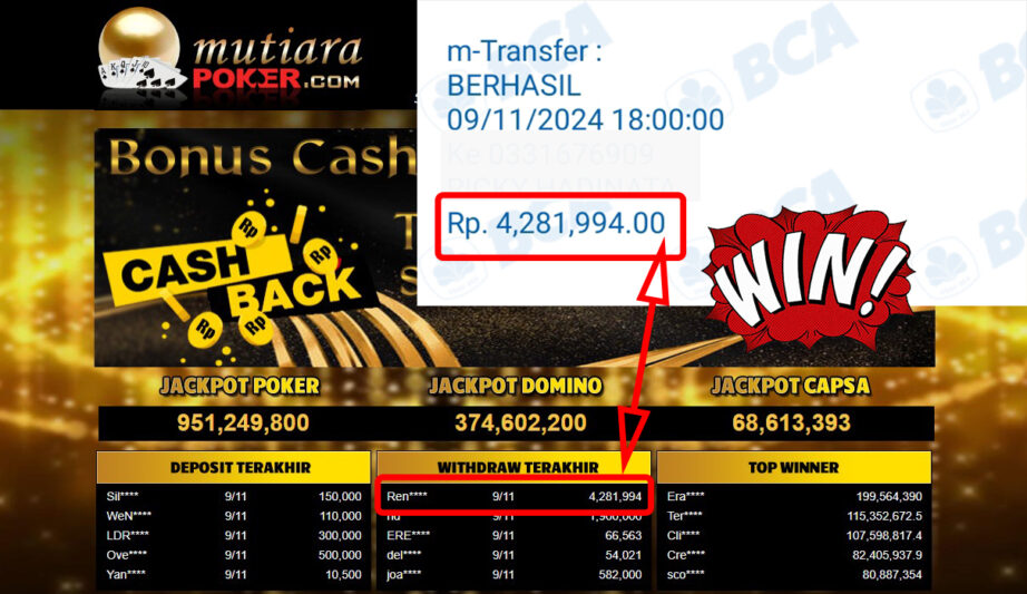 Bukti Withdraw ( 4,281,994,-) Member Setia Mutiarapoker