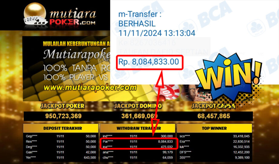 Bukti Withdraw ( 8,084,833,-) Member Setia Mutiarapoker