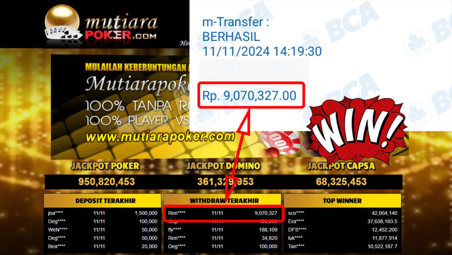 Bukti Withdraw ( 9,070,327,-) Member Setia Mutiarapoker