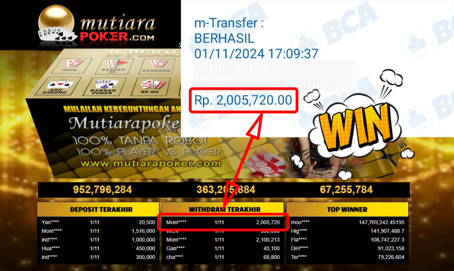 Bukti Withdraw ( 2,005,720,-) Member Setia Mutiarapoker