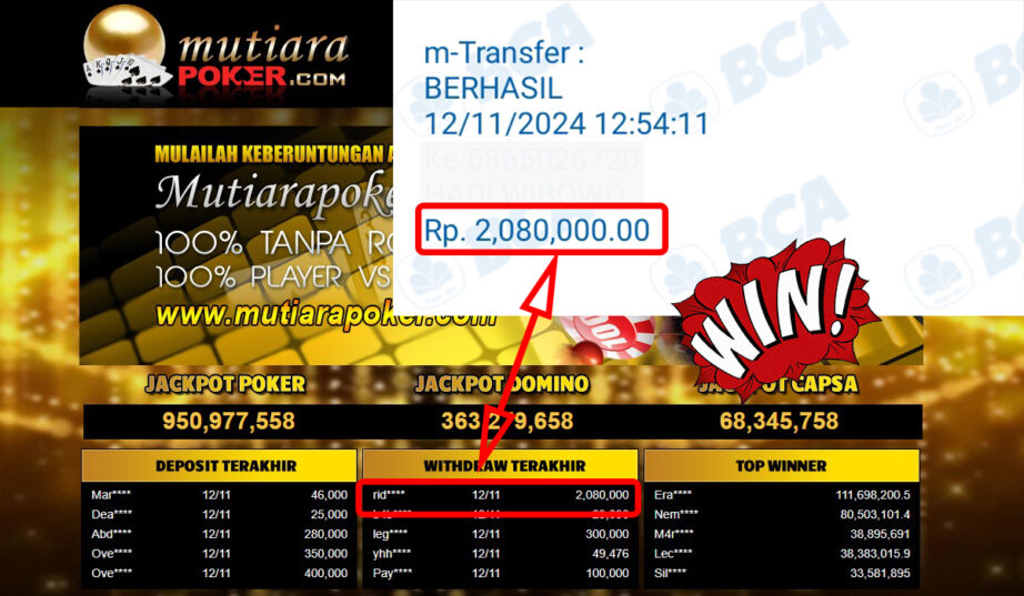 Bukti Withdraw ( 2,080,000,-) Member Setia Mutiarapoker