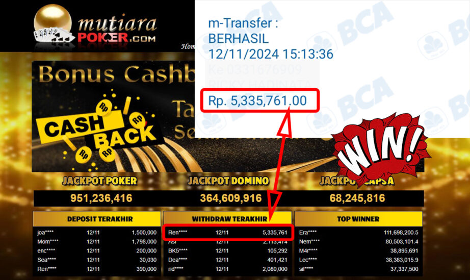 Bukti Withdraw ( 5,335,761,-) Member Setia Mutiarapoker