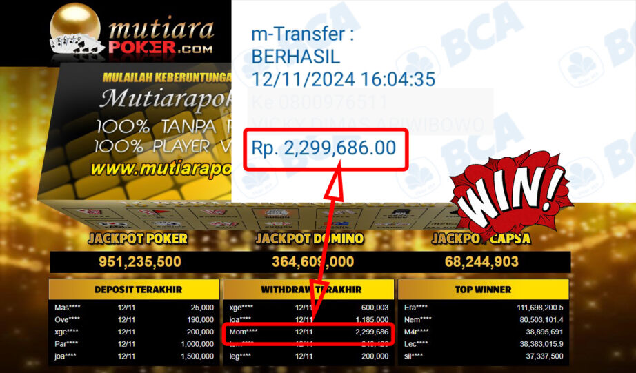 Bukti Withdraw ( 2,299,686,-) Member Setia Mutiarapoker