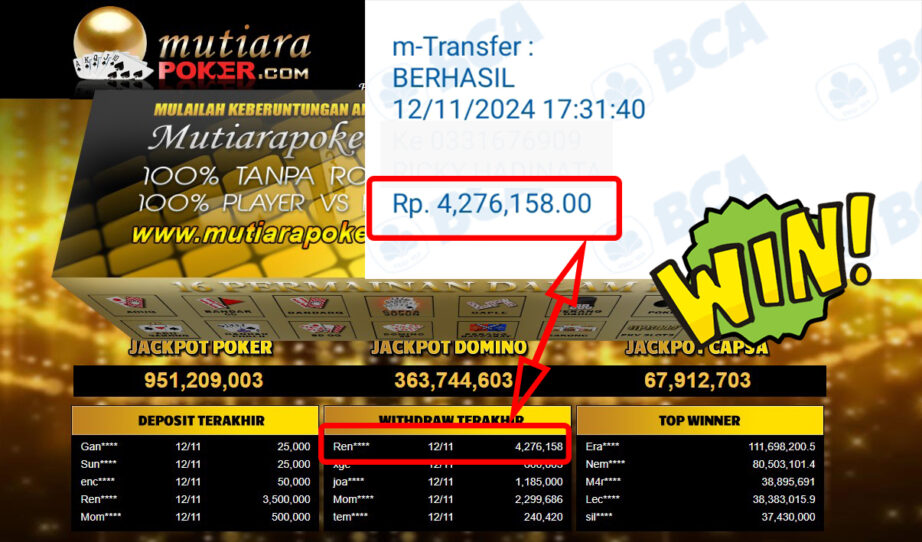 Bukti Withdraw ( 4,276,158,-) Member Setia Mutiarapoker