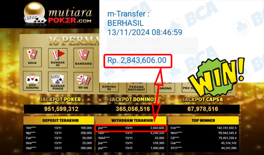 Bukti Withdraw ( 2,843,606,-) Member Setia Mutiarapoker