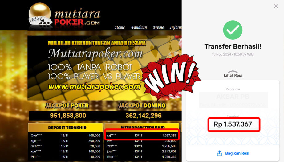 Bukti Withdraw ( 1,537,367,-) Member Setia Mutiarapoker