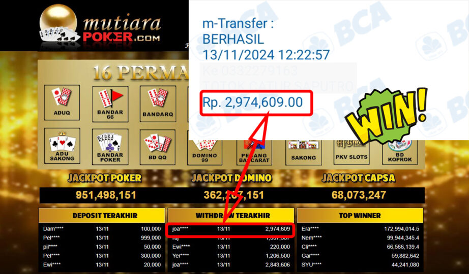 Bukti Withdraw ( 2,974,609,-) Member Setia Mutiarapoker