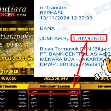 Bukti Withdraw ( 1,702,875,-) Member Setia Mutiarapoker