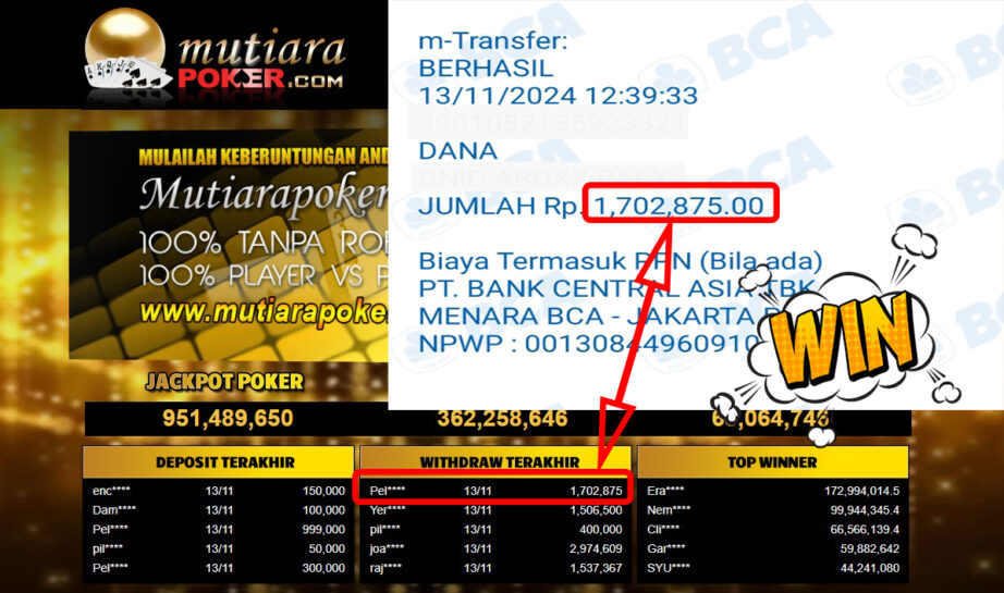 Bukti Withdraw ( 1,702,875,-) Member Setia Mutiarapoker