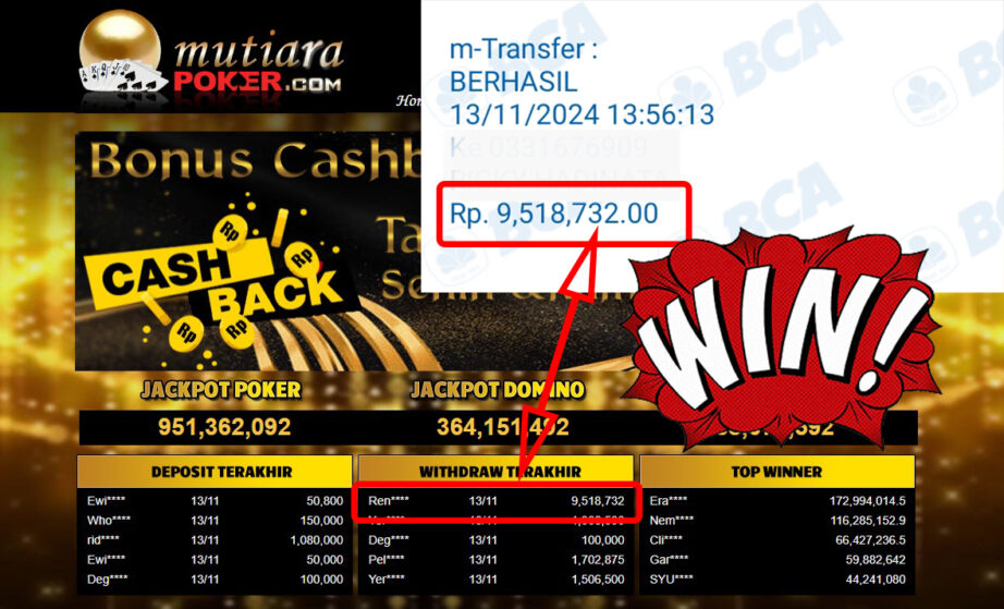 Bukti Withdraw ( 9,518,732,-) Member Setia Mutiarapoker