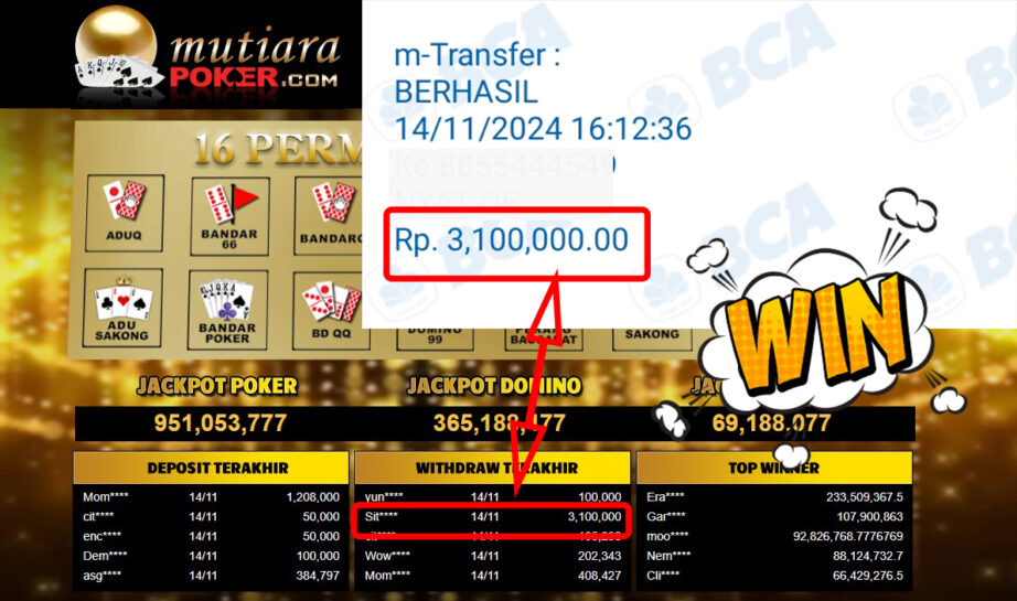 Bukti Withdraw ( 3,100,000,-) Member Setia Mutiarapoker