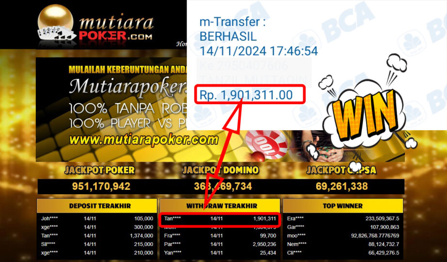 Bukti Withdraw ( 1,901,311,-) Member Setia Mutiarapoker