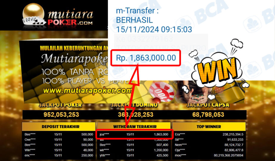 Bukti Withdraw ( 1,863,000,-) Member Setia Mutiarapoker