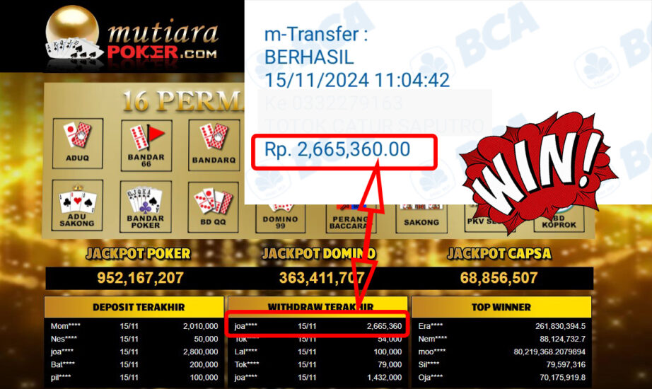 Bukti Withdraw ( 2,665,360,-) Member Setia Mutiarapoker