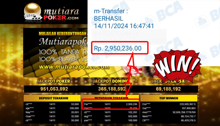 Bukti Withdraw ( 2,950,236,-) Member Setia Mutiarapoker