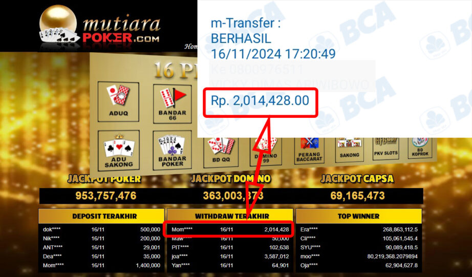 Bukti Withdraw ( 2,014,428,-) Member Setia Mutiarapoker