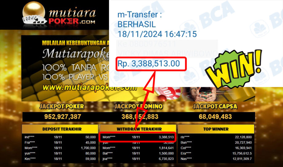 Bukti Withdraw ( 3,388,513,-) Member Setia Mutiarapoker