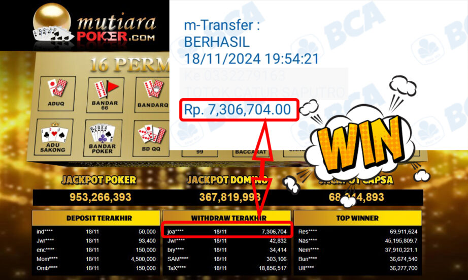 Bukti Withdraw ( 7,306,704,-) Member Setia Mutiarapoker