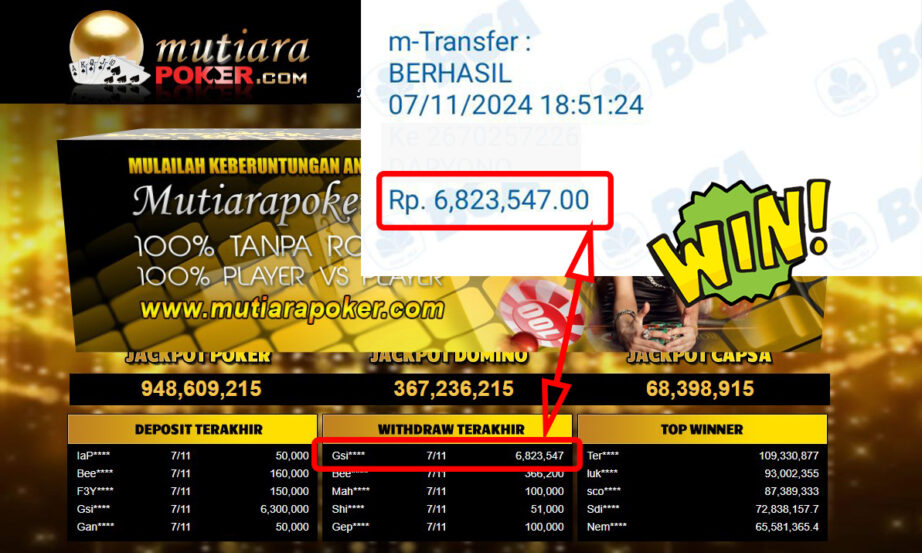 Bukti Withdraw ( 6,823,547,-) Member Setia Mutiarapoker