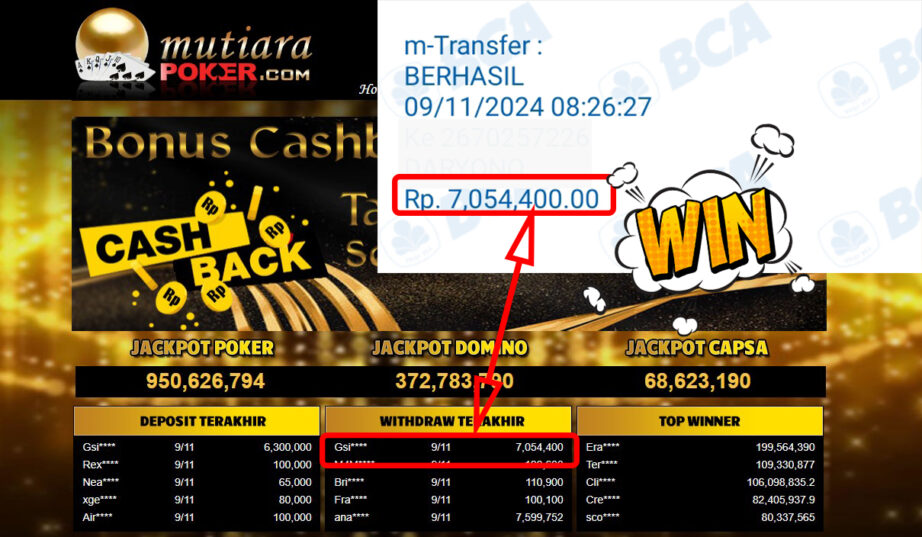 Bukti Withdraw ( 7,054,400,-) Member Setia Mutiarapoker