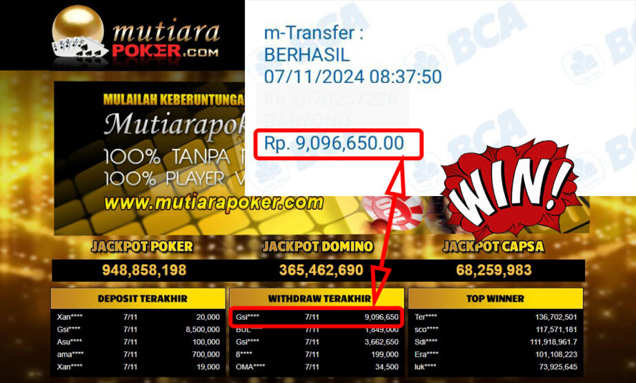 Bukti Withdraw ( 9,096,650,-) Member Setia Mutiarapoker