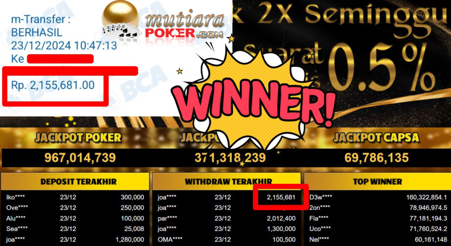 Bukti Withdraw ( 2.155.681,-) Member Setia Mutiarapoker