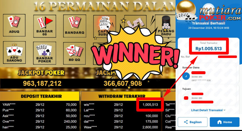 Bukti Withdraw ( 1.005.513,-) Member Setia Mutiarapoker