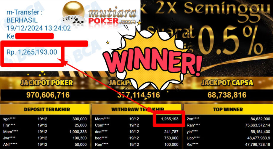 Bukti Withdraw ( 1.265.193,-) Member Setia Mutiarapoker