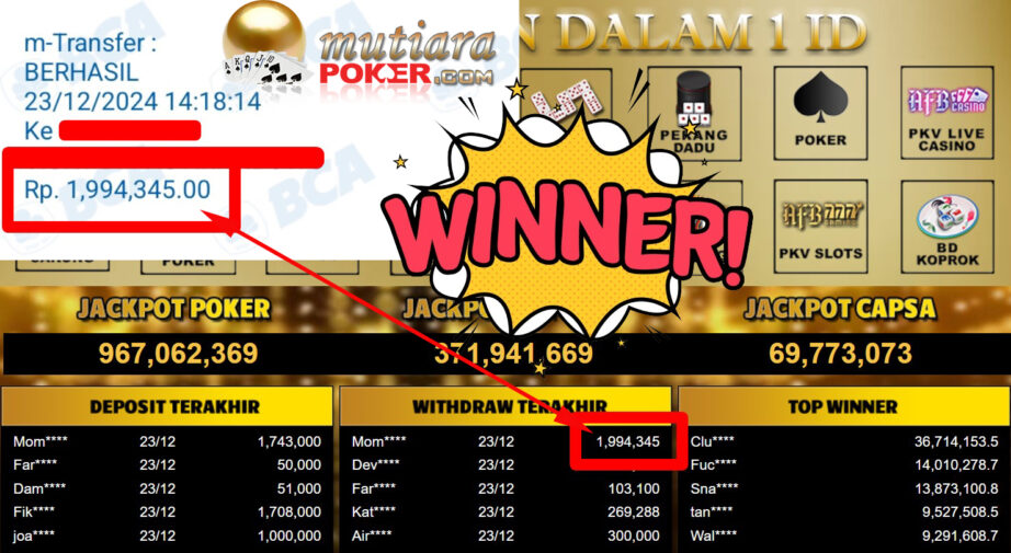 Bukti Withdraw ( 1.994.345,-) Member Setia Mutiarapoker