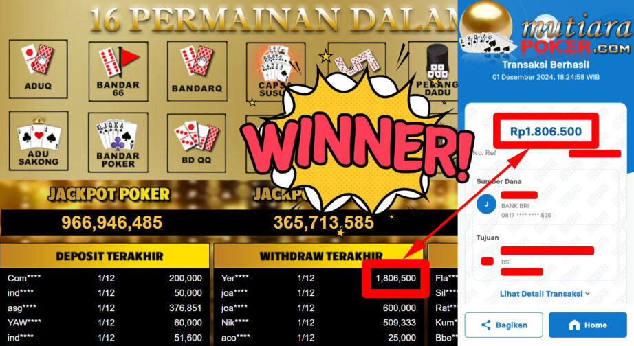 Bukti Withdraw ( 1.806.500,-) Member Setia Mutiarapoker