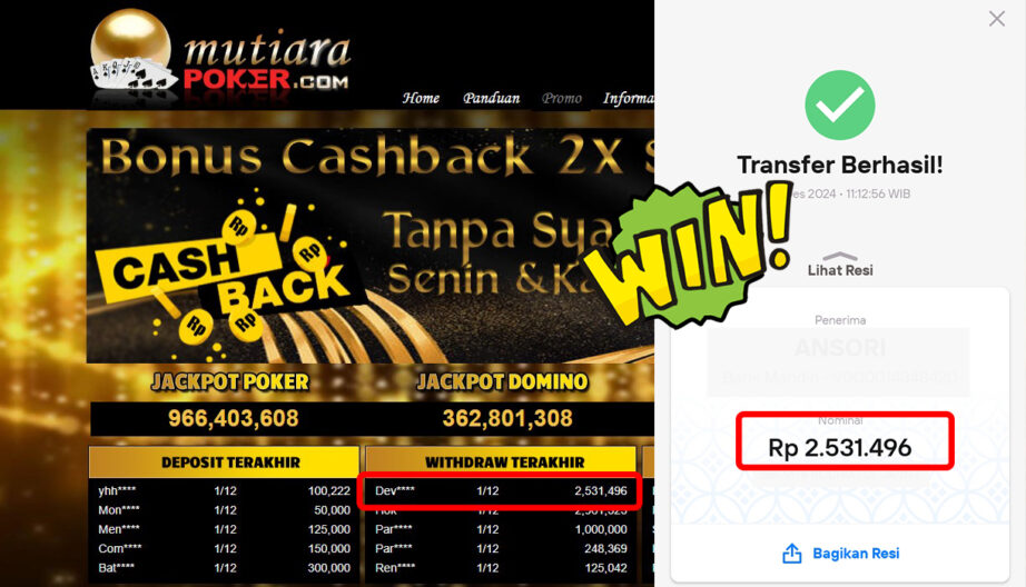 Bukti Withdraw ( 2,531,496,-) Member Setia Mutiarapoker