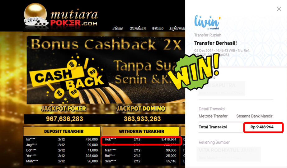 Bukti Withdraw ( 9,418,964,-) Member Setia Mutiarapoker