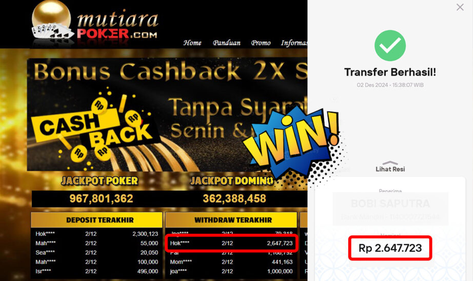 Bukti Withdraw ( 2,647,723,-) Member Setia Mutiarapoker