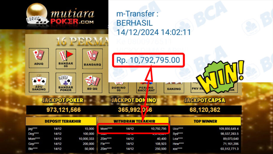 Bukti Withdraw ( 10,792,795,-) Member Setia Mutiarapoker