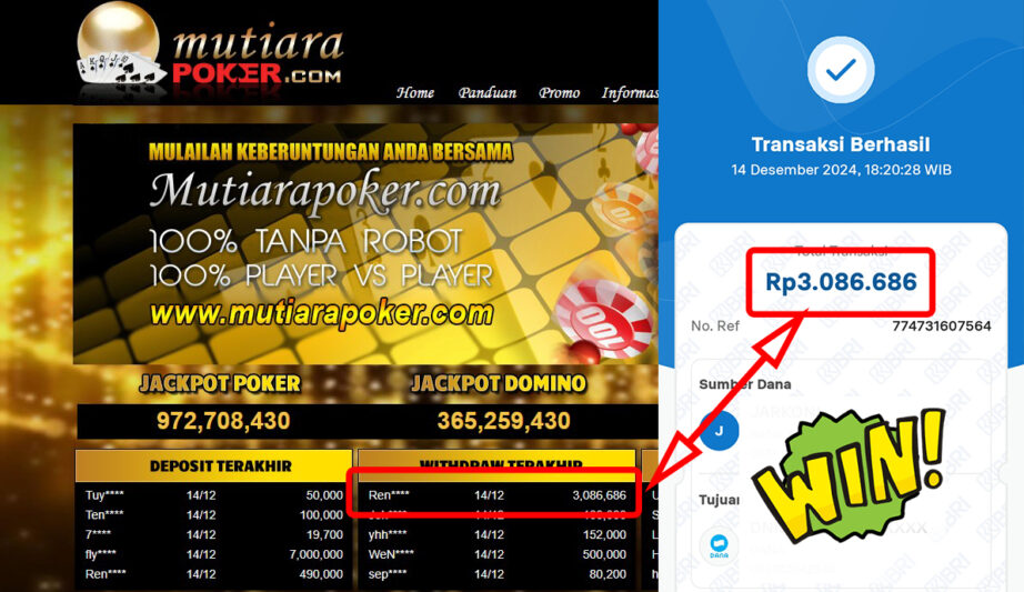 Bukti Withdraw ( 3,086,686,-) Member Setia Mutiarapoker