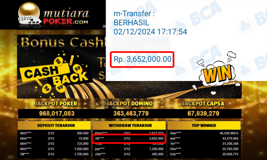 Bukti Withdraw ( 3,652,000,-) Member Setia Mutiarapoker