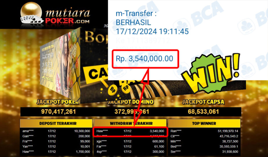 Bukti Withdraw ( 3,540,000,-) Member Setia Mutiarapoker