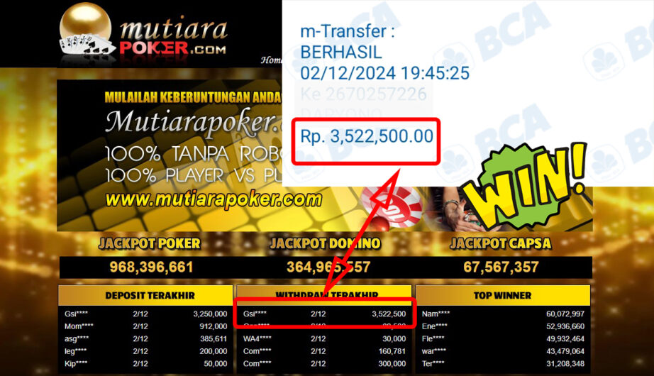 Bukti Withdraw ( 3,522,500,-) Member Setia Mutiarapoker