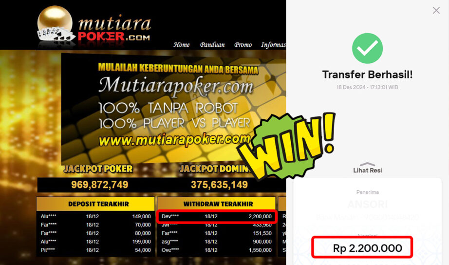 Bukti Withdraw ( 2,200,000,-) Member Setia Mutiarapoker