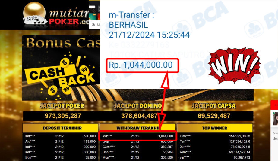 Bukti Withdraw ( 1,044,000,-) Member Setia Mutiarapoker