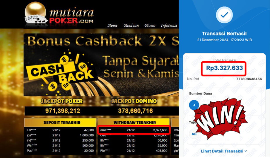 Bukti Withdraw ( 3,327,633,-) Member Setia Mutiarapoker