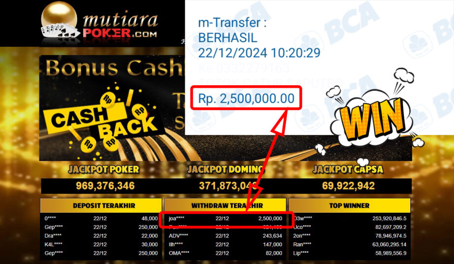 Bukti Withdraw ( 2,500,000,-) Member Setia Mutiarapoker