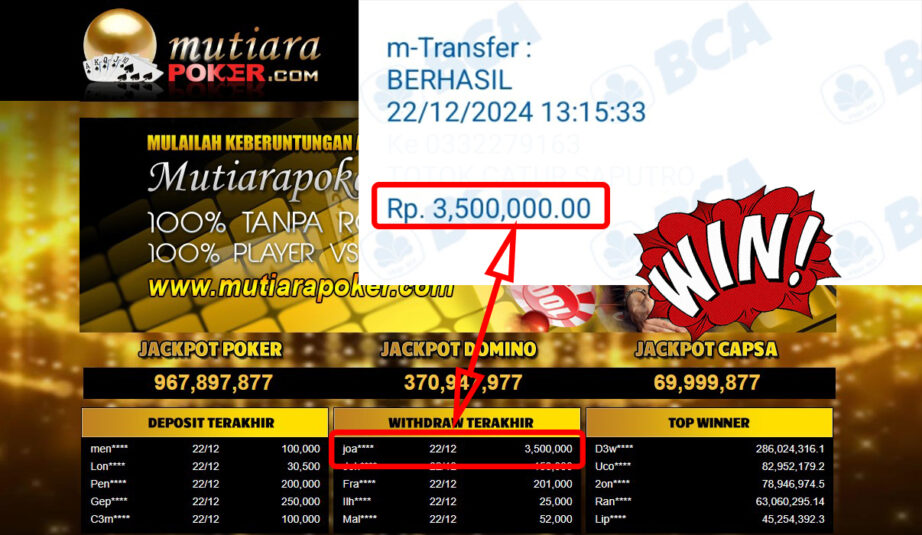 Bukti Withdraw ( 3,500,000,-) Member Setia Mutiarapoker