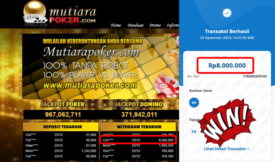 Bukti Withdraw ( 8,000,000,-) Member Setia Mutiarapoker