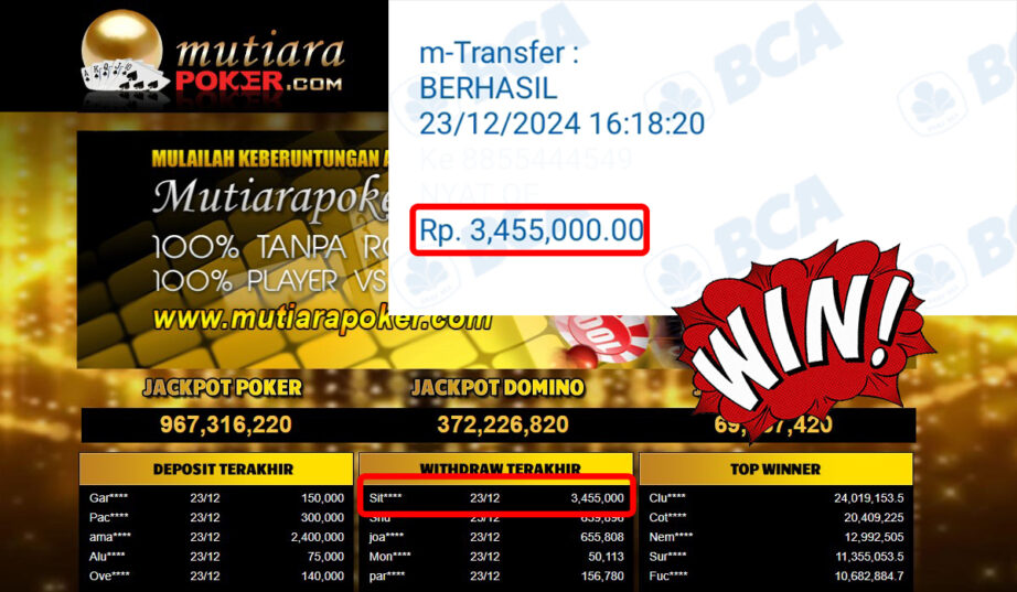 Bukti Withdraw ( 3,455,000,-) Member Setia Mutiarapoker