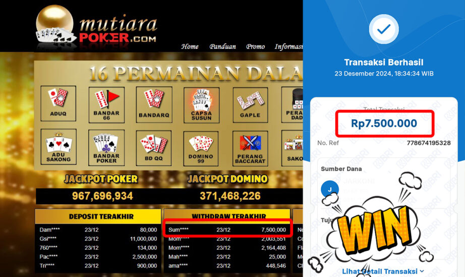 Bukti Withdraw ( 7,500,000,-) Member Setia Mutiarapoker