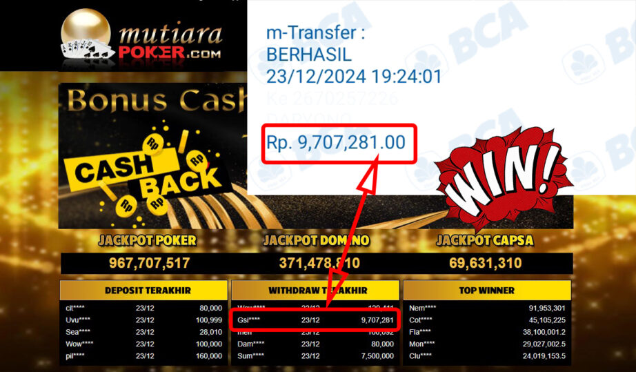 Bukti Withdraw ( 9,707,281,-) Member Setia Mutiarapoker